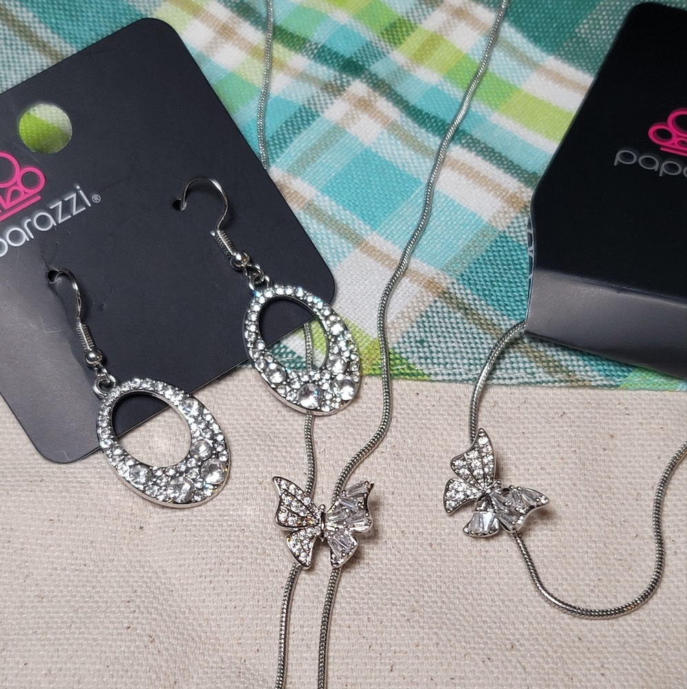 Silver Butterfly Pendant Necklace with Dainty Chain, Matching Bracelet & Earring